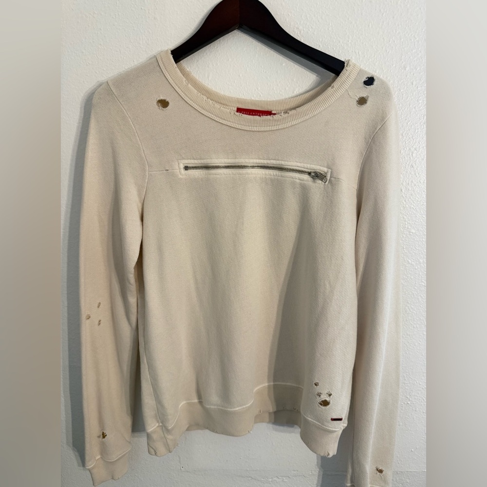 n:PHILANTHROPY Distressed Zip Detail Sweatshirt Cream Size S